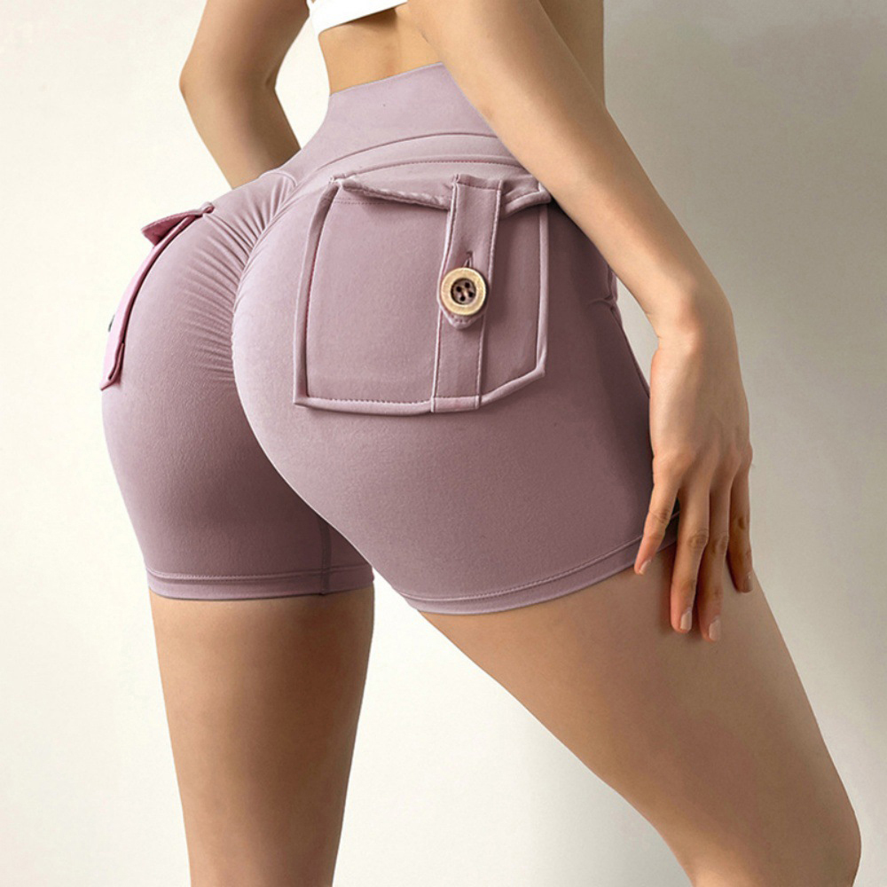Shorts de Verão Pêssego Fitness Mulher Estilo Secagem Rápida com Bolso e Nádegas