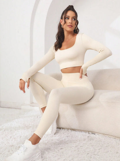 Seamluxe SHEIN Sport Conjunto de Roupas com Duas Peças, Top de Esportes e Legging com Orifícios para Polegares, Sem Costura, Alta Elasticidade, Conjunto de Roupas Adequado para Exercícios Femininos