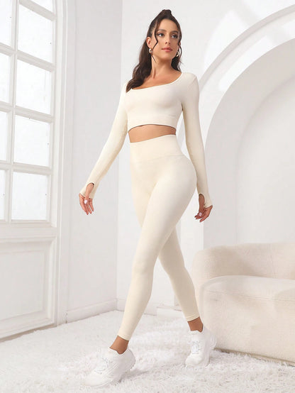 Seamluxe SHEIN Sport Conjunto de Roupas com Duas Peças, Top de Esportes e Legging com Orifícios para Polegares, Sem Costura, Alta Elasticidade, Conjunto de Roupas Adequado para Exercícios Femininos