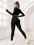 Seamluxe SHEIN Sport Conjunto de Roupas com Duas Peças, Top de Esportes e Legging com Orifícios para Polegares, Sem Costura, Alta Elasticidade, Conjunto de Roupas Adequado para Exercícios Femininos