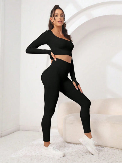 Seamluxe SHEIN Sport Conjunto de Roupas com Duas Peças, Top de Esportes e Legging com Orifícios para Polegares, Sem Costura, Alta Elasticidade, Conjunto de Roupas Adequado para Exercícios Femininos