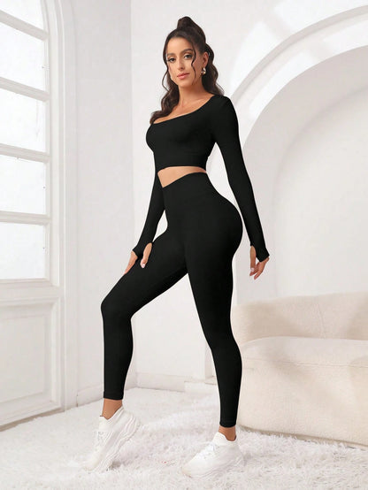 Seamluxe SHEIN Sport Conjunto de Roupas com Duas Peças, Top de Esportes e Legging com Orifícios para Polegares, Sem Costura, Alta Elasticidade, Conjunto de Roupas Adequado para Exercícios Femininos