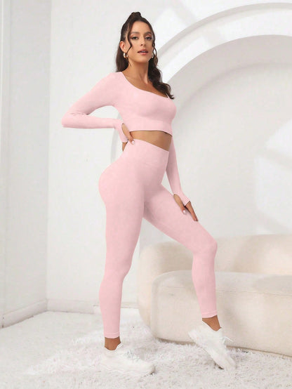 Seamluxe SHEIN Sport Conjunto de Roupas com Duas Peças, Top de Esportes e Legging com Orifícios para Polegares, Sem Costura, Alta Elasticidade, Conjunto de Roupas Adequado para Exercícios Femininos