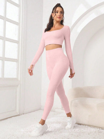 Seamluxe SHEIN Sport Conjunto de Roupas com Duas Peças, Top de Esportes e Legging com Orifícios para Polegares, Sem Costura, Alta Elasticidade, Conjunto de Roupas Adequado para Exercícios Femininos