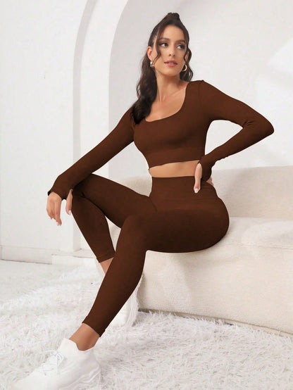 Seamluxe SHEIN Sport Conjunto de Roupas com Duas Peças, Top de Esportes e Legging com Orifícios para Polegares, Sem Costura, Alta Elasticidade, Conjunto de Roupas Adequado para Exercícios Femininos