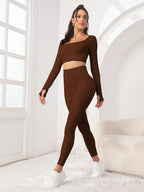 Seamluxe SHEIN Sport Conjunto de Roupas com Duas Peças, Top de Esportes e Legging com Orifícios para Polegares, Sem Costura, Alta Elasticidade, Conjunto de Roupas Adequado para Exercícios Femininos