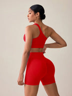 SHEIN Sport Studio Conjunto Feminino de Top Casual Sem Mangas com Ombro Oblíquo e Shorts em Cor Sólida, Conjunto de Mulheres para Exercícios