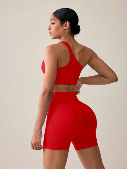 SHEIN Sport Studio Conjunto Feminino de Top Casual Sem Mangas com Ombro Oblíquo e Shorts em Cor Sólida, Conjunto de Mulheres para Exercícios