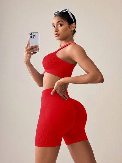 SHEIN Sport Studio Conjunto Feminino de Top Casual Sem Mangas com Ombro Oblíquo e Shorts em Cor Sólida, Conjunto de Mulheres para Exercícios