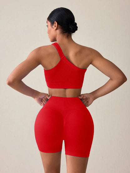 SHEIN Sport Studio Conjunto Feminino de Top Casual Sem Mangas com Ombro Oblíquo e Shorts em Cor Sólida, Conjunto de Mulheres para Exercícios