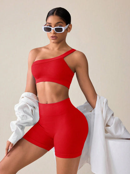 SHEIN Sport Studio Conjunto Feminino de Top Casual Sem Mangas com Ombro Oblíquo e Shorts em Cor Sólida, Conjunto de Mulheres para Exercícios