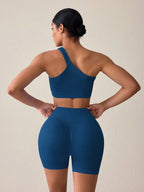 SHEIN Sport Studio Conjunto Feminino de Top Casual Sem Mangas com Ombro Oblíquo e Shorts em Cor Sólida, Conjunto de Mulheres para Exercícios