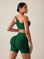 SHEIN Sport Studio Conjunto Feminino de Top Casual Sem Mangas com Ombro Oblíquo e Shorts em Cor Sólida, Conjunto de Mulheres para Exercícios
