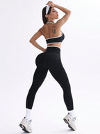  Conjunto de Ioga Feminino com Top Halter Sem Costas e Legging, Recorte em Contraste de Cor