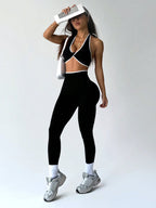  Conjunto de Ioga Feminino com Top Halter Sem Costas e Legging, Recorte em Contraste de Cor