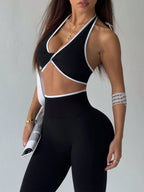  Conjunto de Ioga Feminino com Top Halter Sem Costas e Legging, Recorte em Contraste de Cor