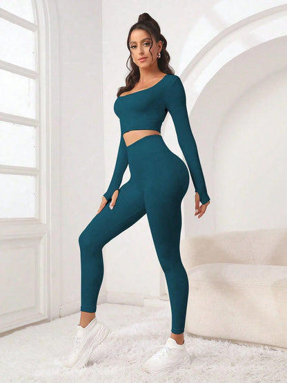 Seamluxe SHEIN Sport Conjunto de Roupas com Duas Peças, Top de Esportes e Legging com Orifícios para Polegares, Sem Costura, Alta Elasticidade, Conjunto de Roupas Adequado para Exercícios Femininos