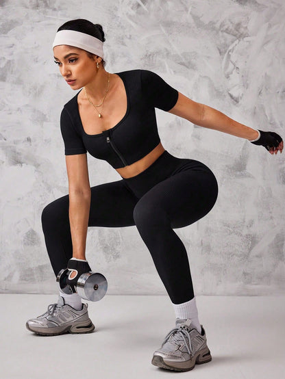  Conjunto de Roupas Ativas Sem Costura, Top Cropped e Legging