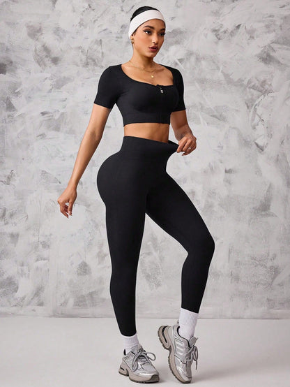  Conjunto de Roupas Ativas Sem Costura, Top Cropped e Legging