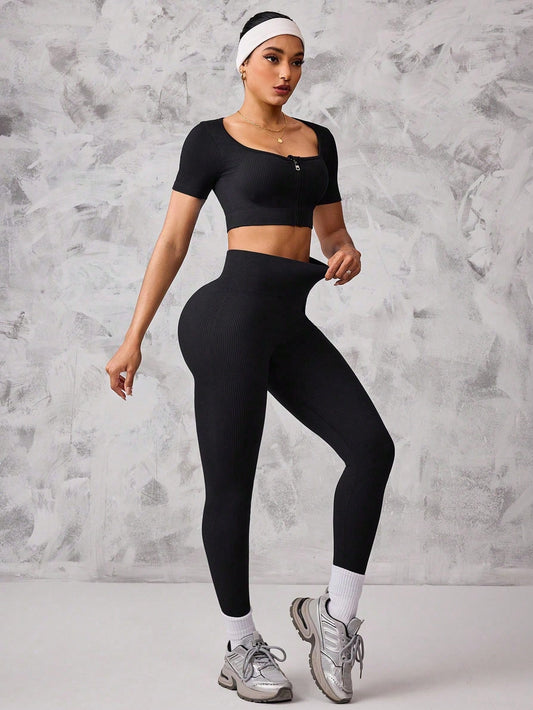  Conjunto de Roupas Ativas Sem Costura, Top Cropped e Legging