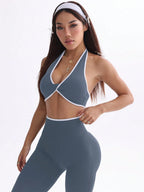  Conjunto de Ioga Feminino com Top Halter Sem Costas e Legging, Recorte em Contraste de Cor