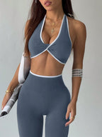  Conjunto de Ioga Feminino com Top Halter Sem Costas e Legging, Recorte em Contraste de Cor