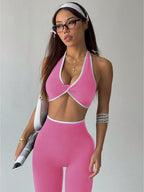  Conjunto de Ioga Feminino com Top Halter Sem Costas e Legging, Recorte em Contraste de Cor