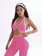  Conjunto de Ioga Feminino com Top Halter Sem Costas e Legging, Recorte em Contraste de Cor