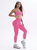  Conjunto de Ioga Feminino com Top Halter Sem Costas e Legging, Recorte em Contraste de Cor