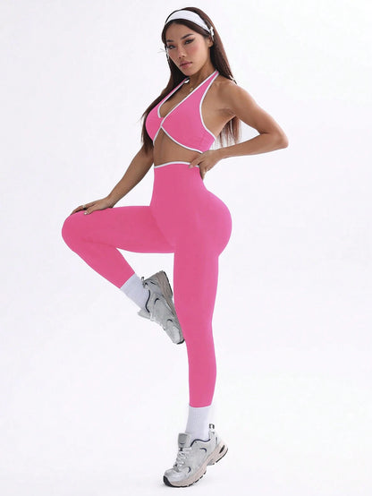  Conjunto de Ioga Feminino com Top Halter Sem Costas e Legging, Recorte em Contraste de Cor