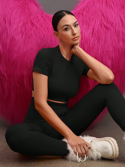 Conjunto gringa com Top Casual de Manga Curta Sólido e Vazado, e Calça - Conjunto de Calça Legging Feminino