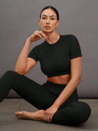 Conjunto gringa com Top Casual de Manga Curta Sólido e Vazado, e Calça - Conjunto de Calça Legging Feminino