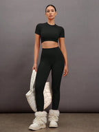 Conjunto gringa com Top Casual de Manga Curta Sólido e Vazado, e Calça - Conjunto de Calça Legging Feminino