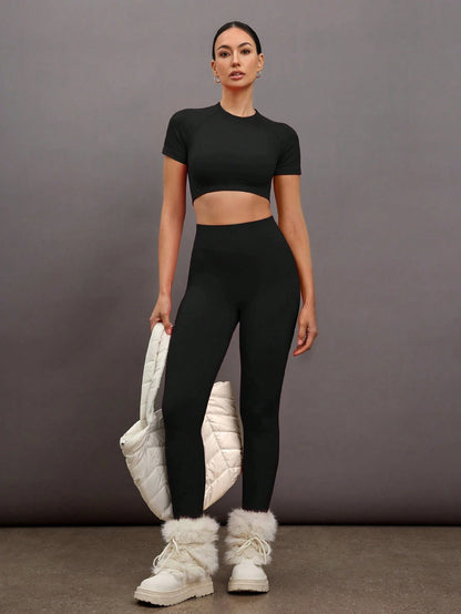 Conjunto gringa com Top Casual de Manga Curta Sólido e Vazado, e Calça - Conjunto de Calça Legging Feminino