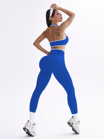  Conjunto de Ioga Feminino com Top Halter Sem Costas e Legging, Recorte em Contraste de Cor