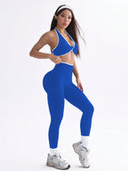  Conjunto de Ioga Feminino com Top Halter Sem Costas e Legging, Recorte em Contraste de Cor