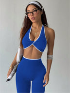 Conjunto de Ioga Feminino com Top Halter Sem Costas e Legging, Recorte em Contraste de Cor