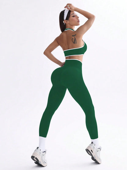  Conjunto de Ioga Feminino com Top Halter Sem Costas e Legging, Recorte em Contraste de Cor
