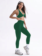  Conjunto de Ioga Feminino com Top Halter Sem Costas e Legging, Recorte em Contraste de Cor