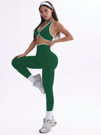  Conjunto de Ioga Feminino com Top Halter Sem Costas e Legging, Recorte em Contraste de Cor