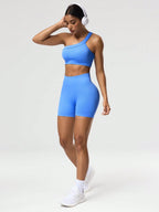 SHEIN Sport Studio Conjunto Feminino de Top Casual Sem Mangas com Ombro Oblíquo e Shorts em Cor Sólida, Conjunto de Mulheres para Exercícios