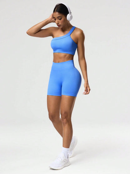 SHEIN Sport Studio Conjunto Feminino de Top Casual Sem Mangas com Ombro Oblíquo e Shorts em Cor Sólida, Conjunto de Mulheres para Exercícios
