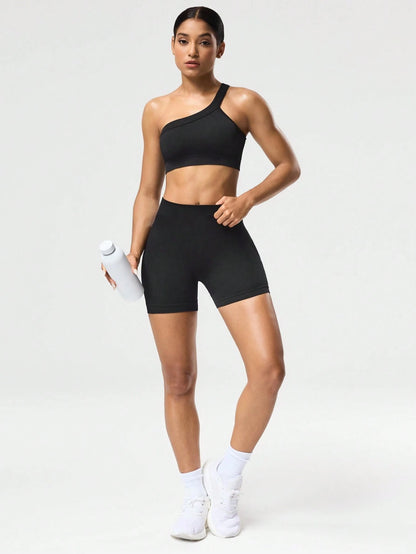 SHEIN Sport Studio Conjunto Feminino de Top Casual Sem Mangas com Ombro Oblíquo e Shorts em Cor Sólida, Conjunto de Mulheres para Exercícios