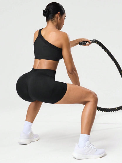 SHEIN Sport Studio Conjunto Feminino de Top Casual Sem Mangas com Ombro Oblíquo e Shorts em Cor Sólida, Conjunto de Mulheres para Exercícios