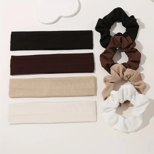 4 Faixas de Cabelo acompanha xuxinhas pompom preto, branco, marrom claro e marrom escuro