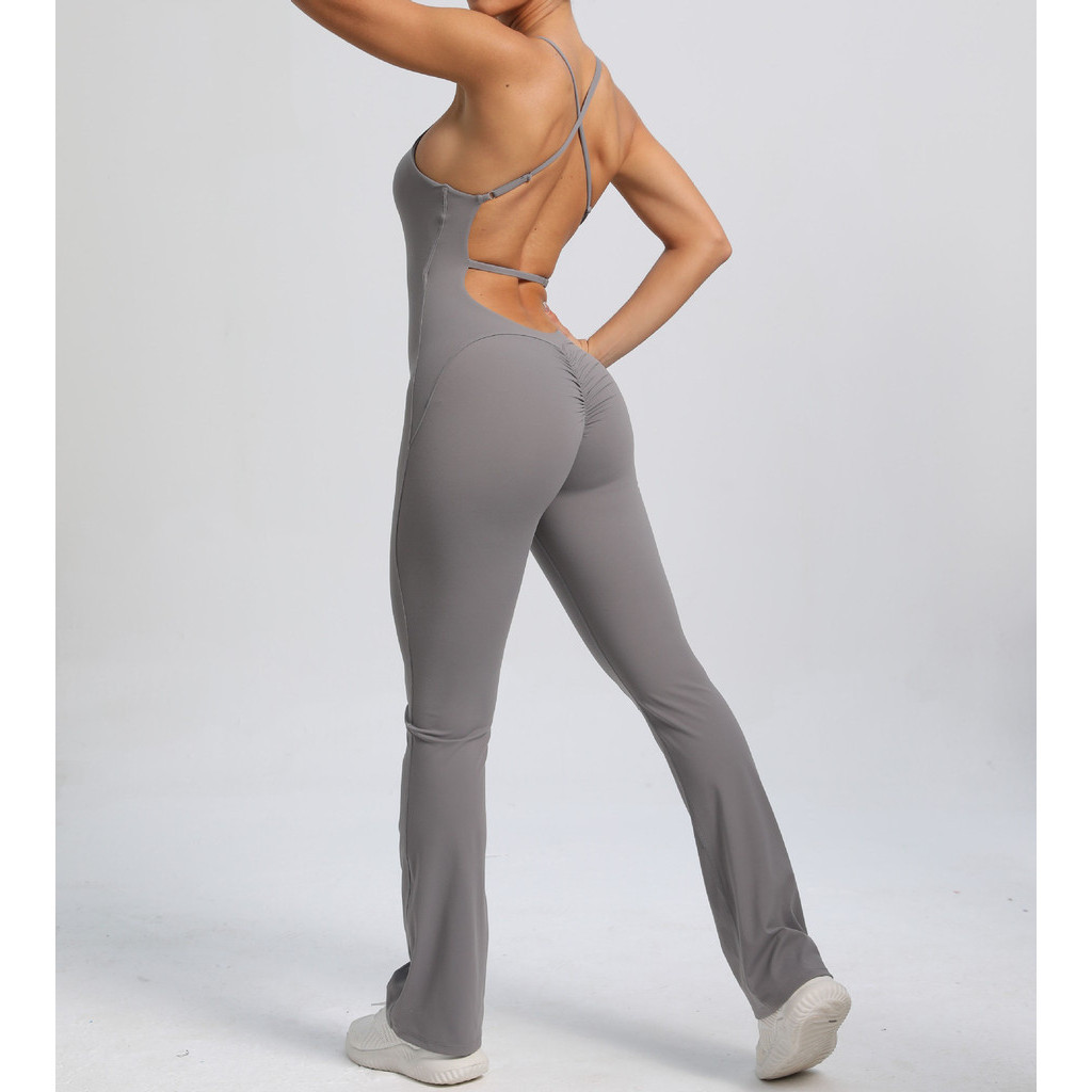 SHAMZU Fato De Salto Com Alça Ajustável Para O Ombro Elástico Feminino Elevação Do Quadril Conjuntos Esportivos De Yoga Respirável Calças Flare
