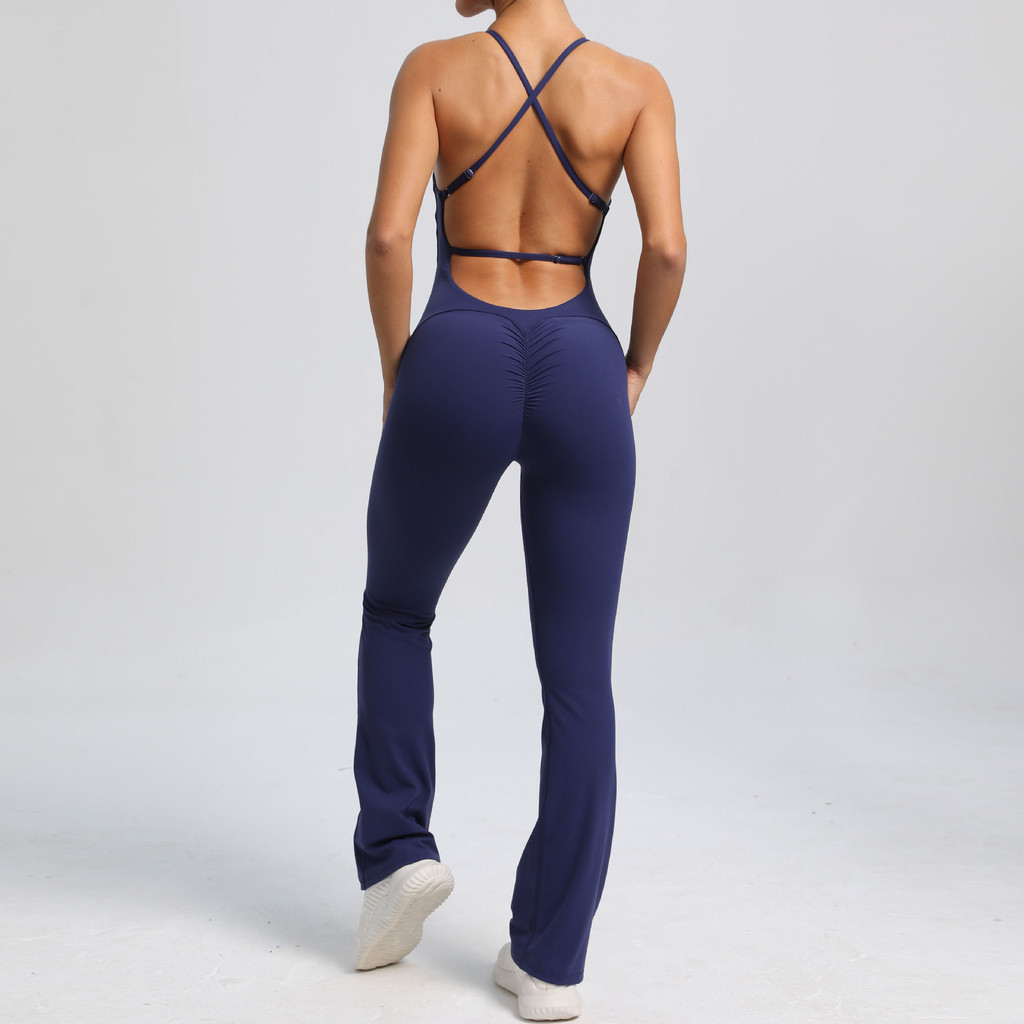 SHAMZU Fato De Salto Com Alça Ajustável Para O Ombro Elástico Feminino Elevação Do Quadril Conjuntos Esportivos De Yoga Respirável Calças Flare