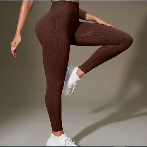 Calça Legging Canelada de Cintura Alta Sem Costura para Academia Feminina, Elástica e Fitness
