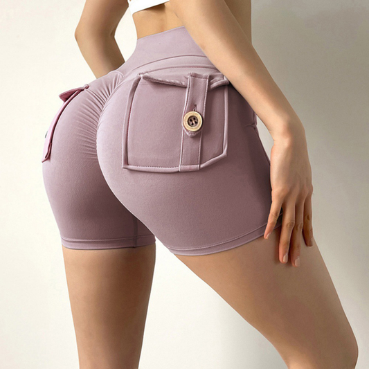 Shorts de Verão Pêssego Fitness Mulher Estilo Secagem Rápida com Bolso e Nádegas